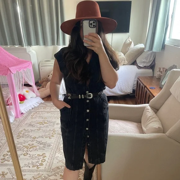 ETICA Issa Seamed Button-Front Denim Dress black denim v-neck midi - Picture 7 of 7